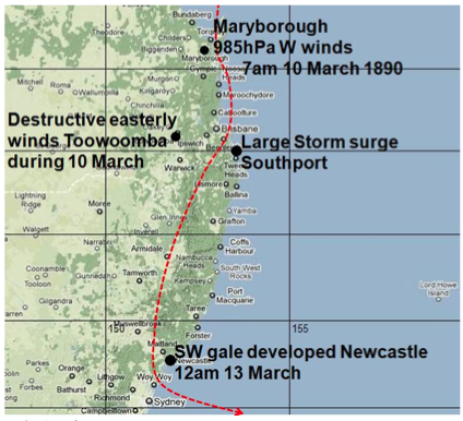 Brisbane Cyclone 1890: cyclone track